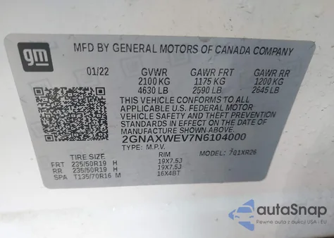 2022 Chevrolet Equinox Awd Rs z USA, uszkodzony, nr VIN 2GNAXWEV7N6104000